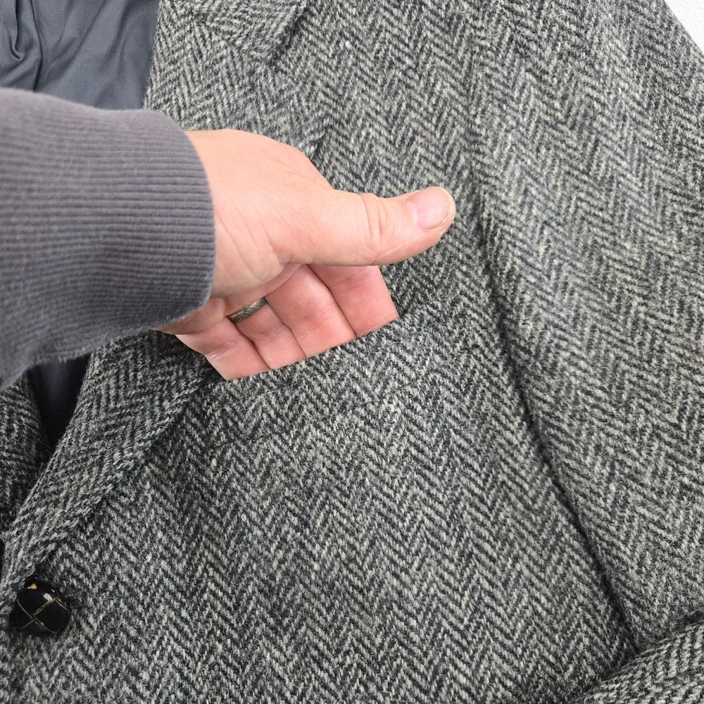 Vintage 50s Harris Tweed Wool Blazer Navy Gray Herringbone USA Made Size 42R